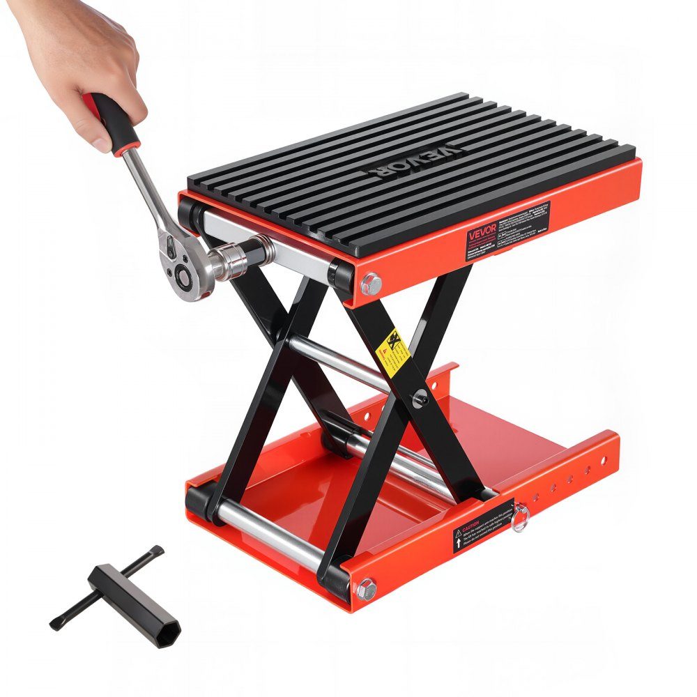 Cric de moto réglable en hauteur de 105 à 380 mm, support de levage avec large plate-forme, cric de réparation de vélo (capacité de charge de 544 kg) avec cliquet et manivelle pour motos tout-terrain