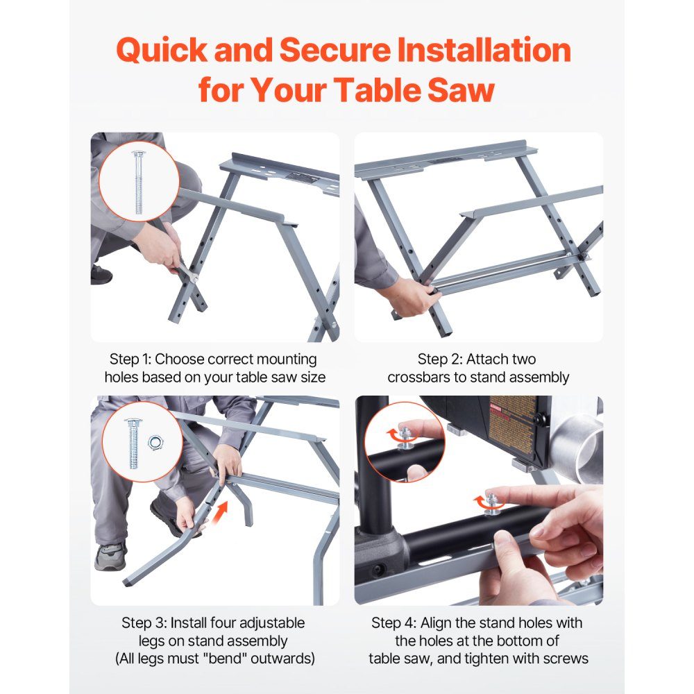Table saw stand, 158.76 kg load capacity, base frame 610x490x580 mm, robust construction, easy storage, foldable design, universal for most brands of table saws