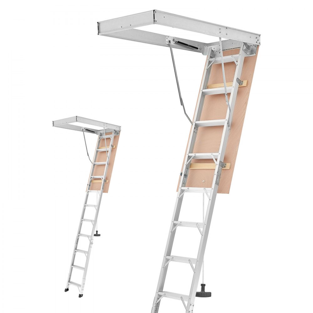 Escalier de grenier pliable, échelle de grenier résiliente de 170 kg en aluminium et bois, escalier de grenier hydraulique avec corde de traction pour hauteurs de plafond de 300 à 313 cm, échelle en métal avec ouverture d'accès de 137 x 57 cm, argent Escalier de grenier pliable, échelle de grenier résiliente de 170 kg en aluminium et bois, escalier de grenier hydraulique avec corde de traction pour hauteurs de plafond de 300 à 313 cm, échelle en métal avec ouverture d'accès de 137 x 57 cm, argent