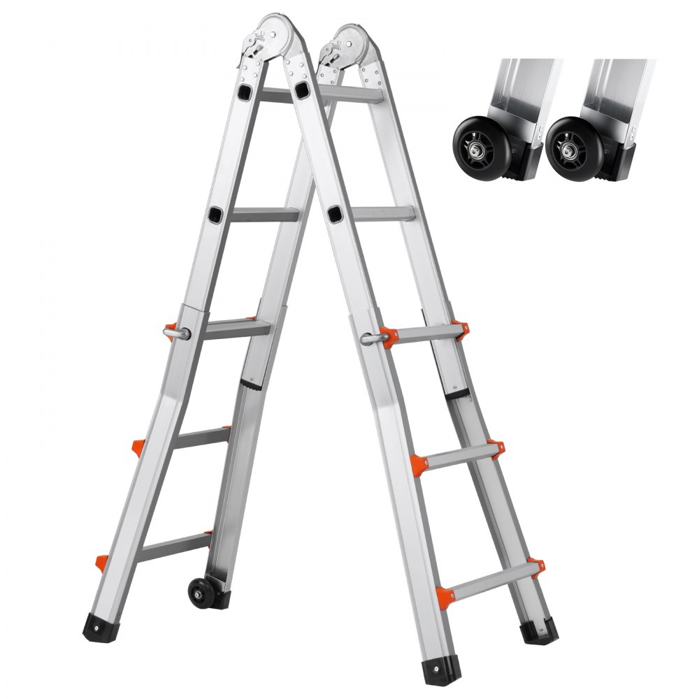 Telescopic A-Frame Ladder 3350mm Compact Aluminum Extension Ladder Multifunctional Portable Folding RV Ladder Telescopic Ladder for Homework Stairs Indoor Outdoor Roofs 150kg Load Capacity