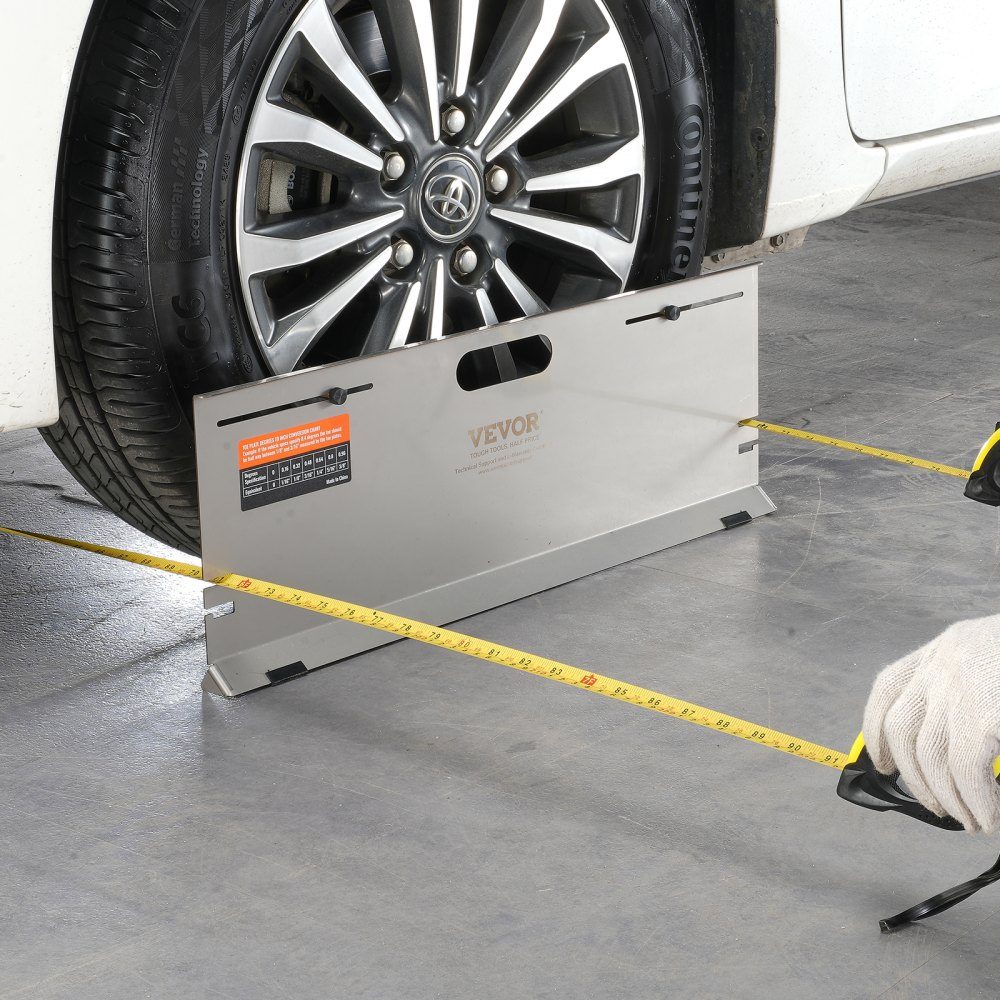 Wheel alignment device, pack of 2 wheel alignment plates, stainless steel toe angle measuring plate, 4 alignment rods and magnetic slots, including tape measures and conversion table