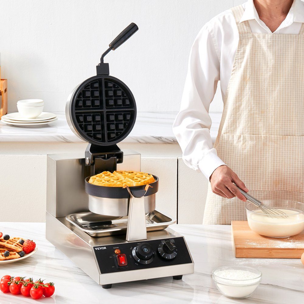 Round waffle iron waffle 1300 W, contact grill Belgian waffle iron 4 pieces. Stainless steel waffle machine including food clip, brushes and anti-scald handle, for cafes, restaurants etc