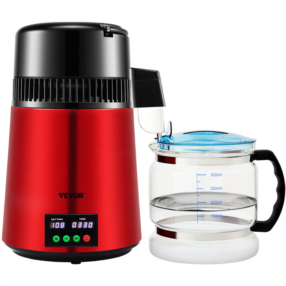Water Distiller, 1L/H Household Red Water Distiller, Distilled Water 750W, Double Screen Stainless Steel Distiller System with Glass Jug, Distills Pure Water