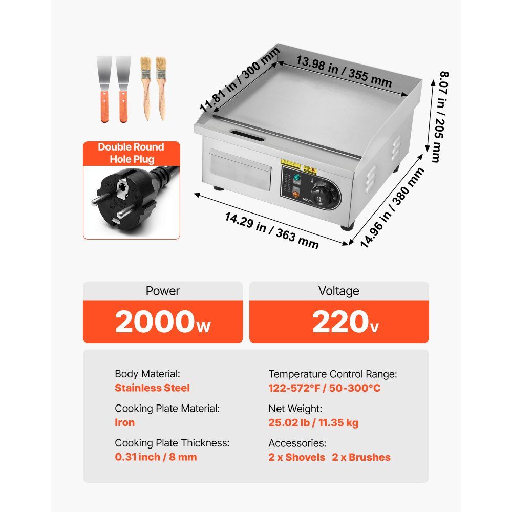 Plaque de grill électrique 2000 W 355 x 300 mm (surface de grill), 50-300 °C Plaque de grill gastro en acier inoxydable (boîtier) plaque de grill de table avec 2 spatules & 2 brosses & 4 repose-pieds, pour steaks, crêpes
