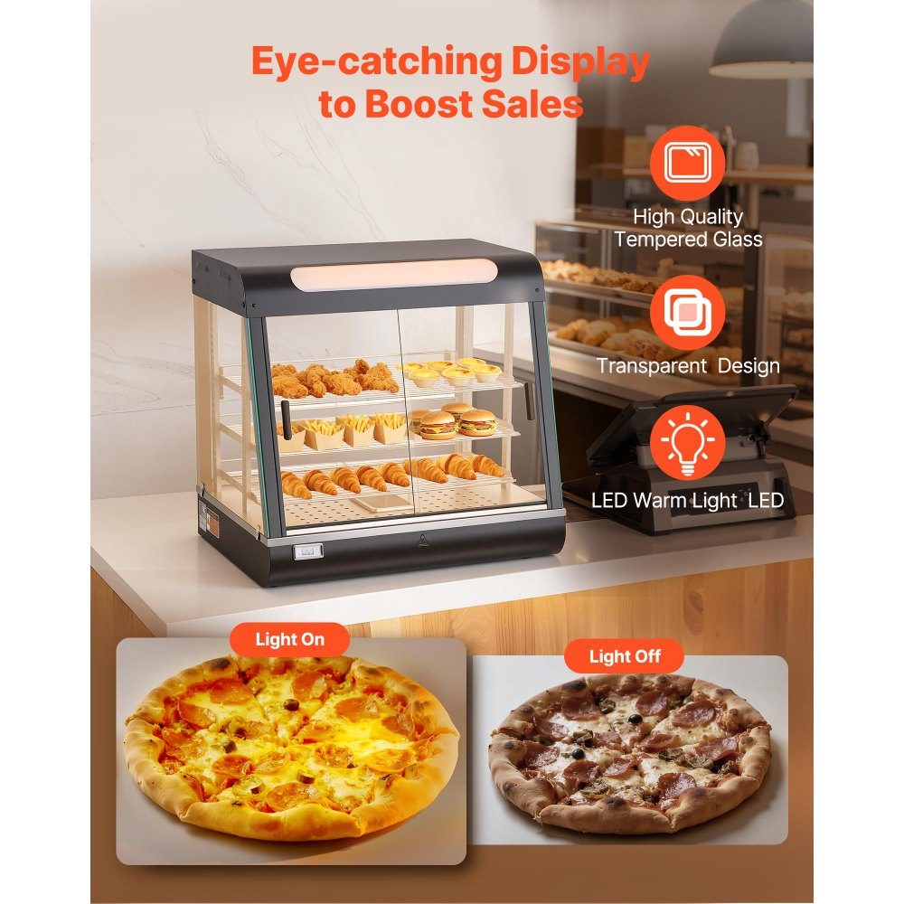 Table chauffante à 3 étages 100 L, vitrine chauffante 1200 W, table chauffante 30-85 °C, chauffe-plats avec éclairage LED et étagères réglables, vitrine alimentaire pour hamburgers, pizza, pain, poulet rôti