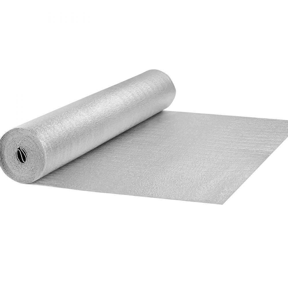 Podwójna odblaskowa rolka izolacyjna, bariera promiennikowa z rdzeniem piankowym, 3,2 mm, 48" x 25 stóp, dwustronny znak odblaskowy wykonany z folii aluminiowej i pianki EPE, rolka termoizolacyjna do okien i dachów samochodów kempingowych