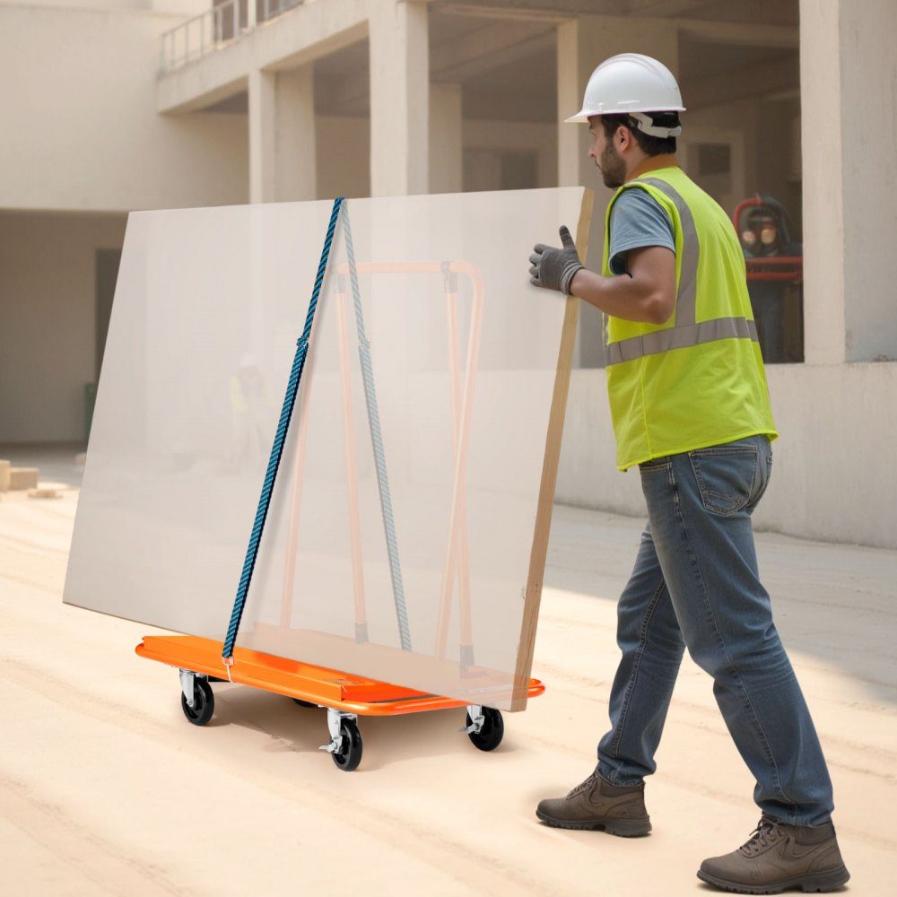 Plattenwagen, 816 kg Tragkraft, Transportwagen mit 4 Lenkrollen, Plattenwagen, Plattenwagen mit Spanngurt, Transporthilfe für Sperrholz, Gipskarton, Glas, Orange, 1150x555x1180 mm