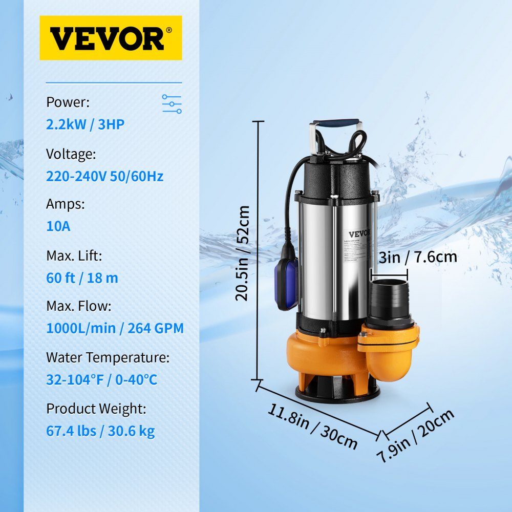 Schmutzwasserpumpe mit variablem Schwimmerschalter Tauchpumpe 2200W Gartenpumpe Fördermenge 60000L/h Schmutzwasser-Tauchpumpe max. Hub 18m Wasserpumpe IPX8 Ideal zum Pumpen von Wasser