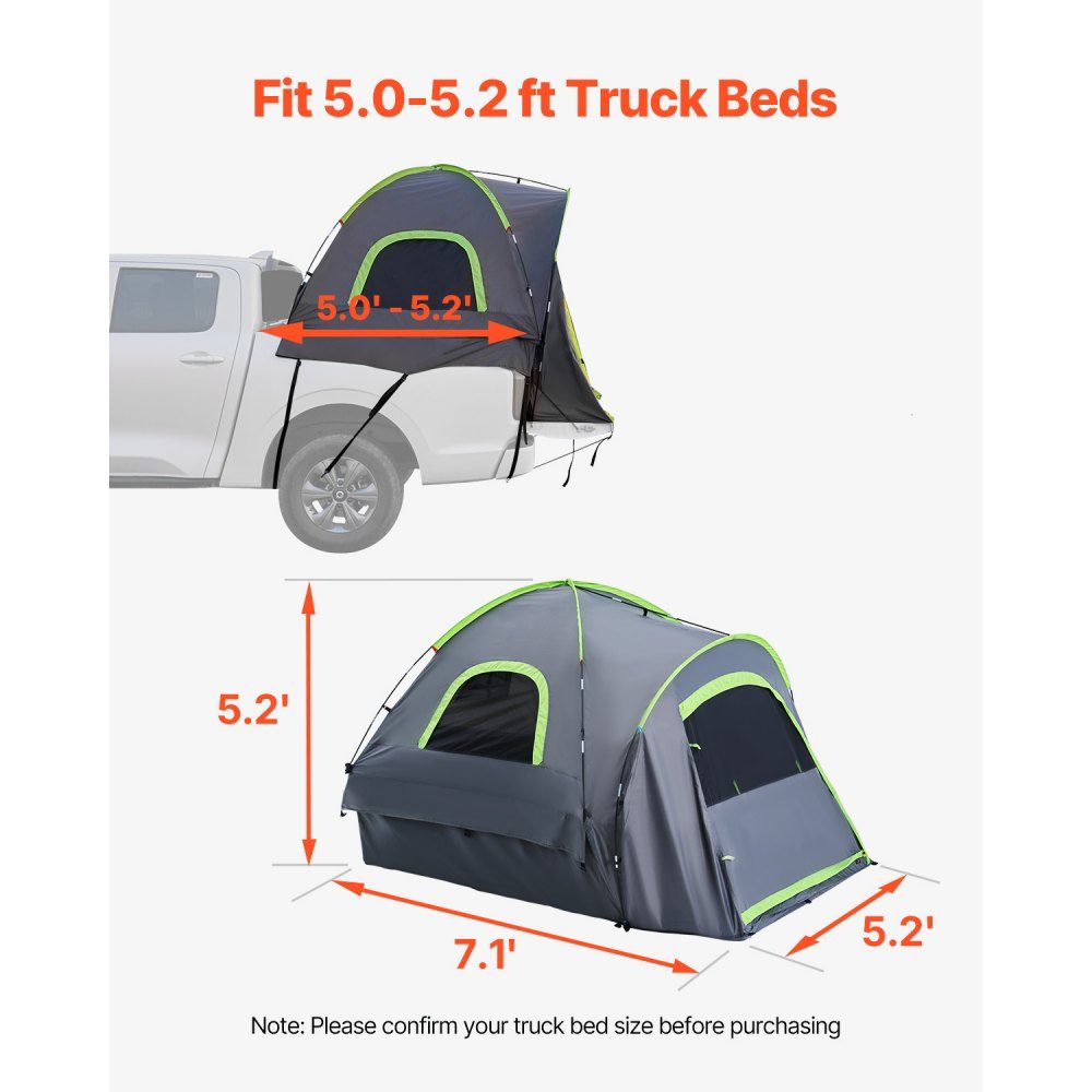 Truck Tent, Camping Tent, Pickup Tent for 1524-1585mm Truck Bed, Waterproof Truck Tent with Double Layer Windows and Storage Bag, Suitable for 2 to 3 People