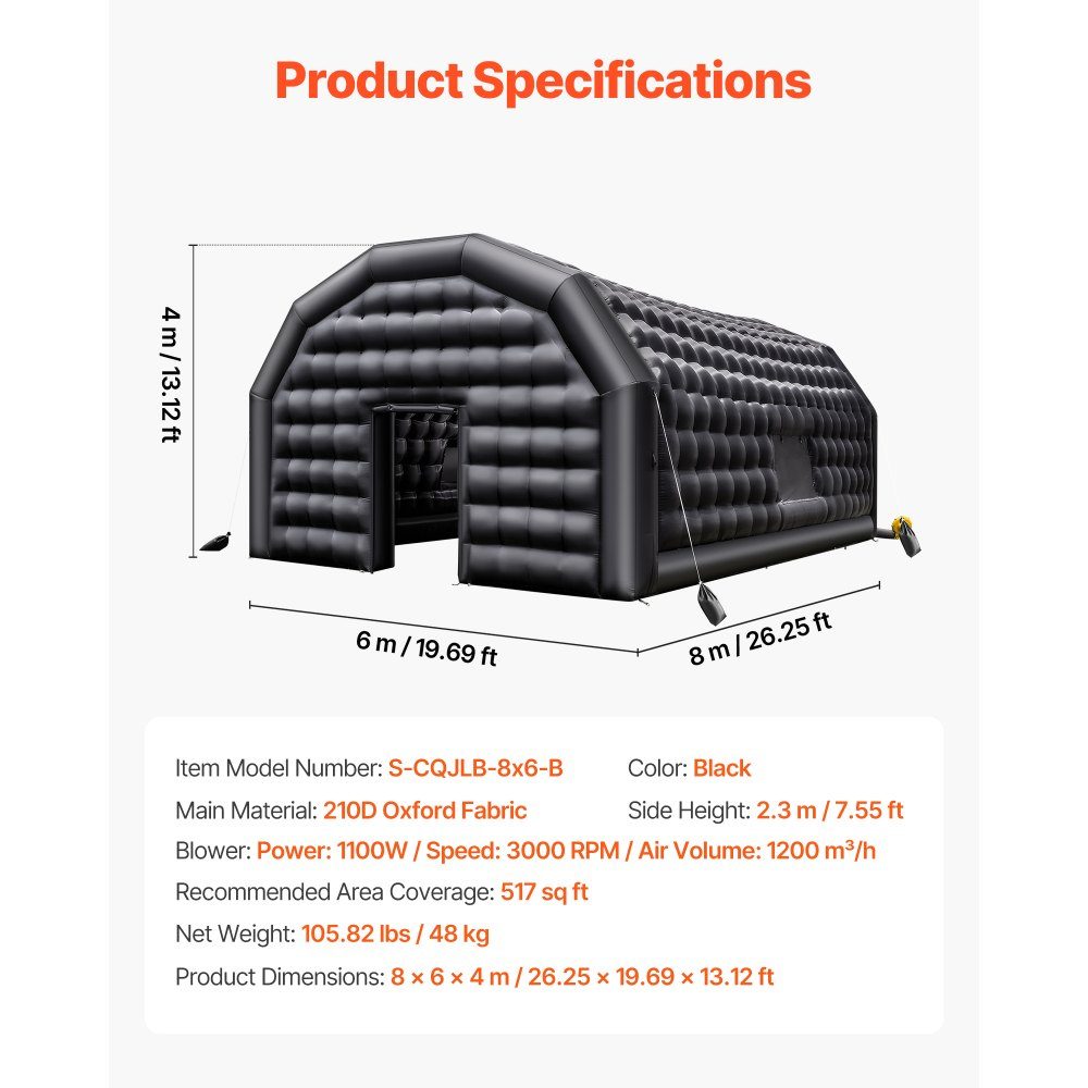 Tente de fête Gonflable 8x6x4m Tente Cube pour Disco Night Club Gazebo Tente de Mariage mit 1100-W- Souffleur Sac de Sable 2 fenêtres pour événements Anniversaire Mariage Noir