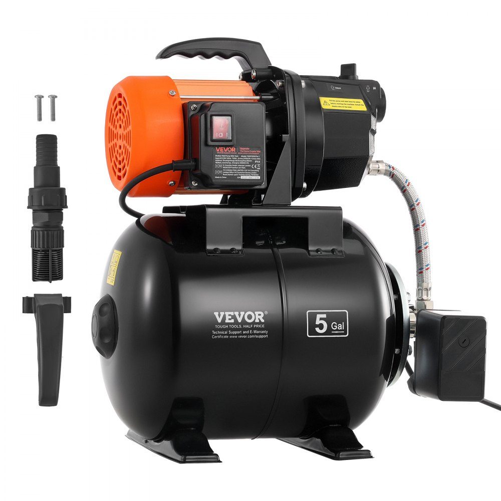 Aqueduc domestique Pompe à jet 735 W, 3750 L/h avec réservoir sous pression de 19 L, hauteur de refoulement de 45 m, avec système d'alimentation en eau automatique et tête de pompe en fonte, pour l'irrigation du jardin et l'approvisionnement en eau domest