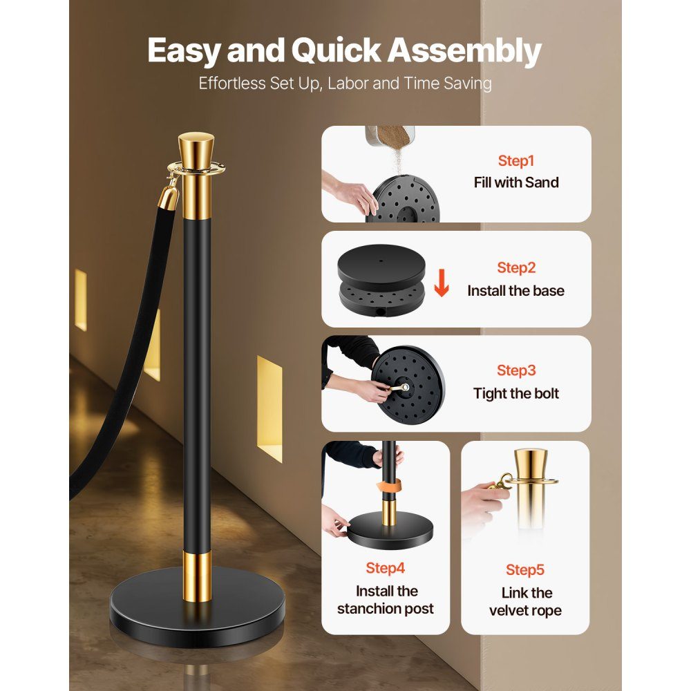 Barrier posts (6 pieces) for crowd control with 4 black velvet ropes (1.5 m long), stainless steel barrier stand with refillable base for exhibitions