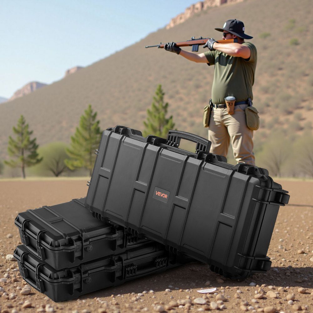 Gun case with hard shell for long guns, lockable gun case with pre-cut foam, long gun case, gun storage, rollable, IP67 waterproof, 97.8 x 42 x 17.3 cm black