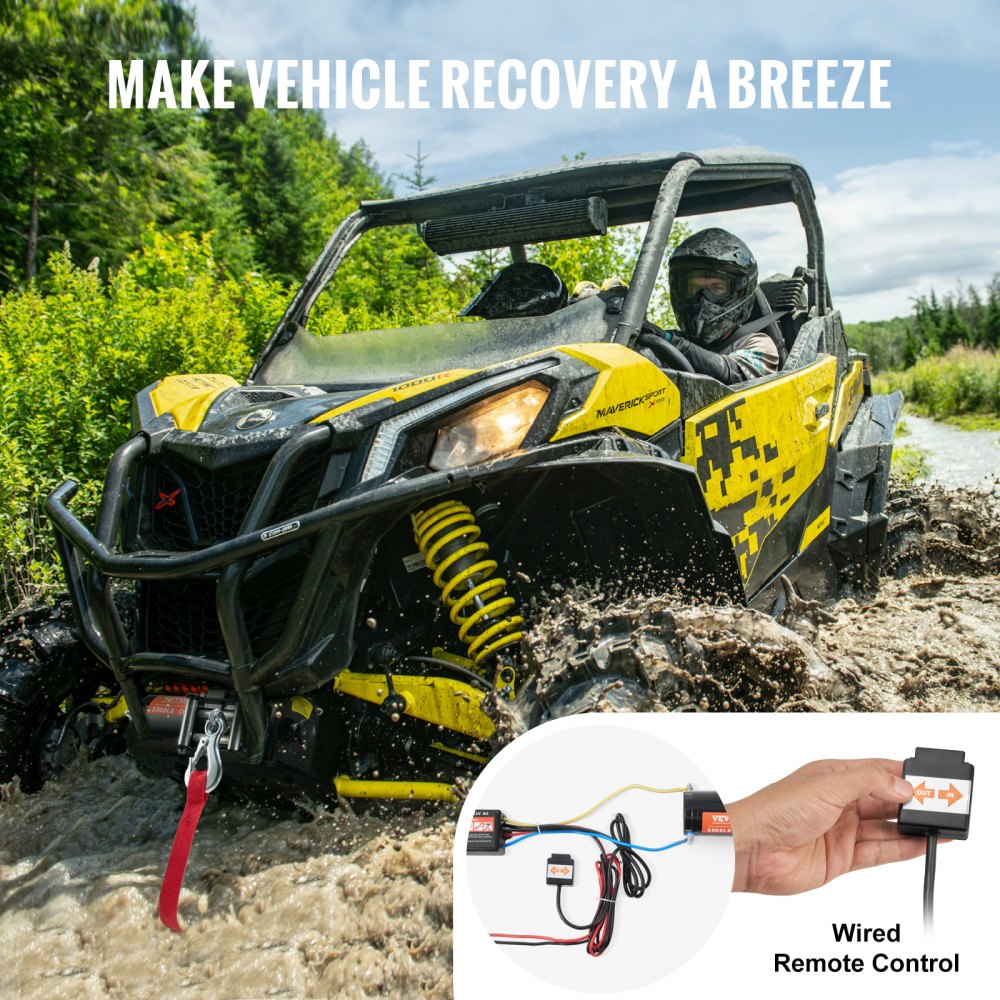 Treuil électrique, force de traction de 3 000 lb, 12 V CC pour ATV/UTV, avec câble en acier Φ 3/16" x 39 pieds, guide-câble à rouleaux, télécommande par câble, résistance à l'eau IP55, idéal pour la récupération tout-terrain UTV ATV