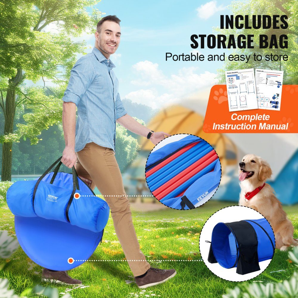 Équipement d'entraînement d'agilité pour chien, ensemble de 7 pièces avec haies hautes réglables, 6 poteaux de slalom, 2 tunnels, anneau de saut, boîte de frein, 3 frisbees, sifflet, bol pliable, ensemble de parcours d'obstacles pour chiot avec 3 sacs