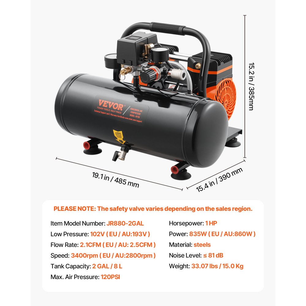 Luchtcompressor, stalen tank van 2 gallon, 1 pk, 2,5 CFM, 8 bar, olievrije luchtcompressor en maximale druk van 120 PSI, 81 dB, ultrastille draagbare compressor voor autoreparatie, bandenspanning, spuiten Luchtcompressor, stalen tank van 2 gallon, 1 pk, 2,5 CFM, 8 bar, olievrije luchtcompressor en maximale druk van 120 PSI, 81 dB, ultrastille draagbare compressor voor autoreparatie, bandenspanning, spuiten