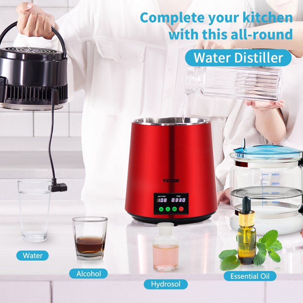 Water Distiller, 1L/H Household Red Water Distiller, Distilled Water 750W, Double Screen Stainless Steel Distiller System with Glass Jug, Distills Pure Water