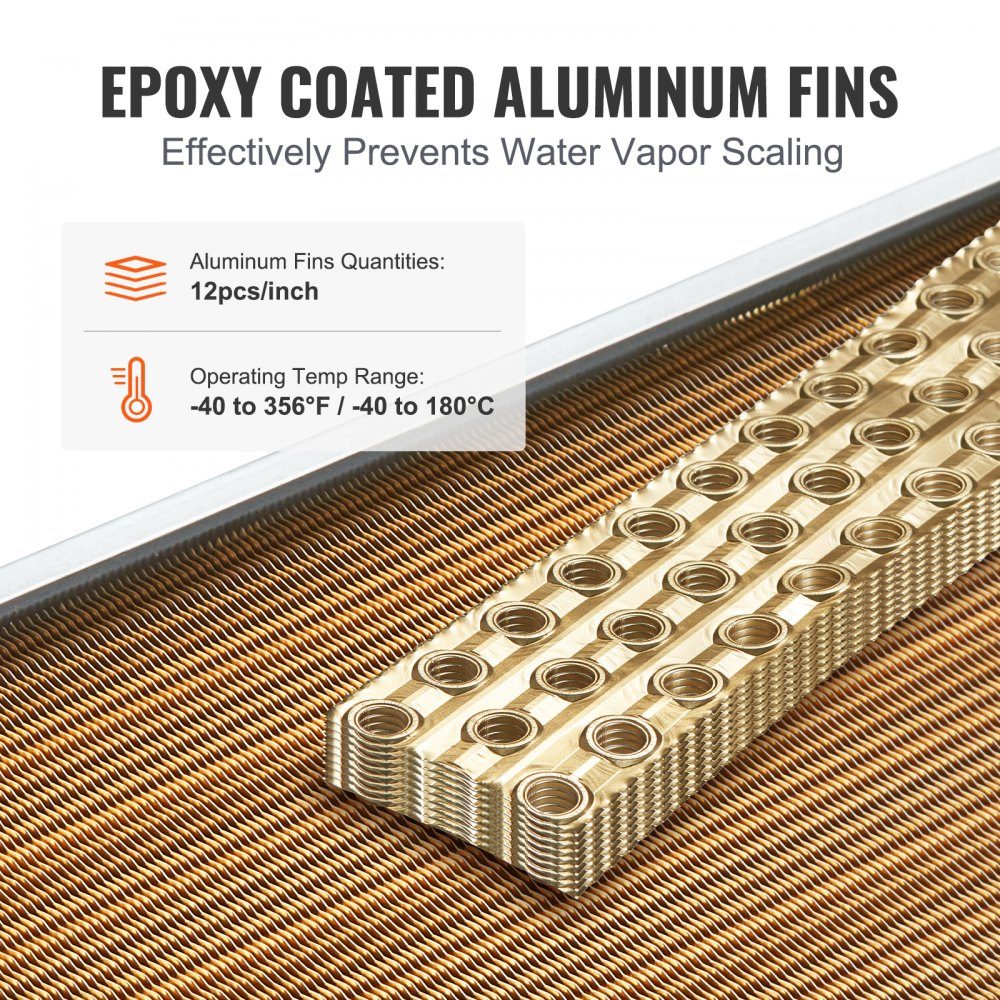 16" x 16" water to air heat exchanger with 3 row 9.53mm copper connections, 193 aluminum fin heat exchanger for wood stoves, residential heating and cooling and forced air heating