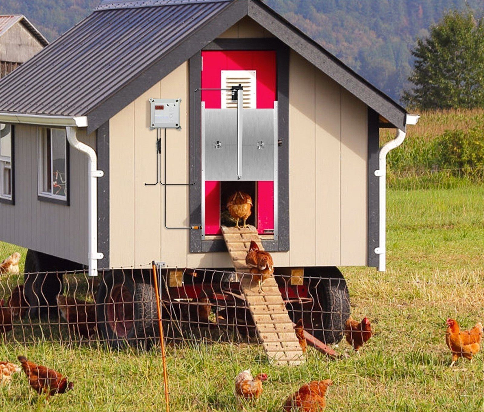 Automatic Chicken Flap Aluminum Alloy ABS Chicken Door with Slider 66W Chicken Gate Guard 30x30cm Door Opener with Light Sensor Timer Ideal for Outdoor/Indoor Chicken Coop