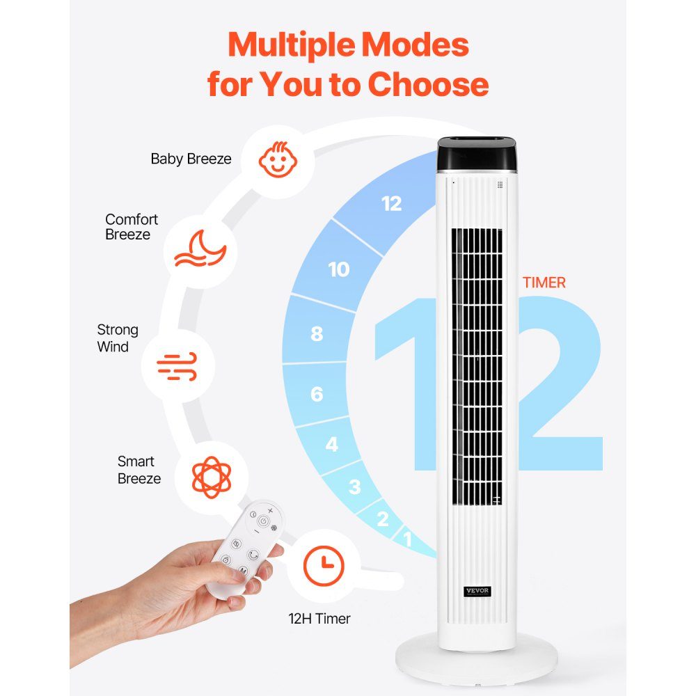 Tower Fan 6.7m/s Speed ​​Evaporative Air Cooler 70° Oscillating Fans with 3 Speeds 4 Modes 12 Hour Timer Remote Control for Bedroom Office Home