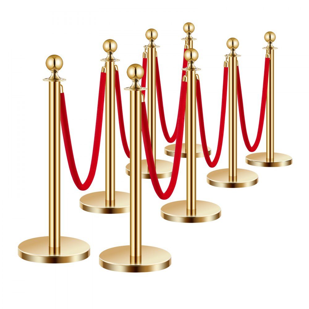Absperrpfosten Absperrung (8 Stück) zur Massenkontrolle mit 6 roten Samtseilen (1,5 m lang), Absperrständer aus Edelstahl mit nachfüllbarer Basis für Ausstellungen Golden