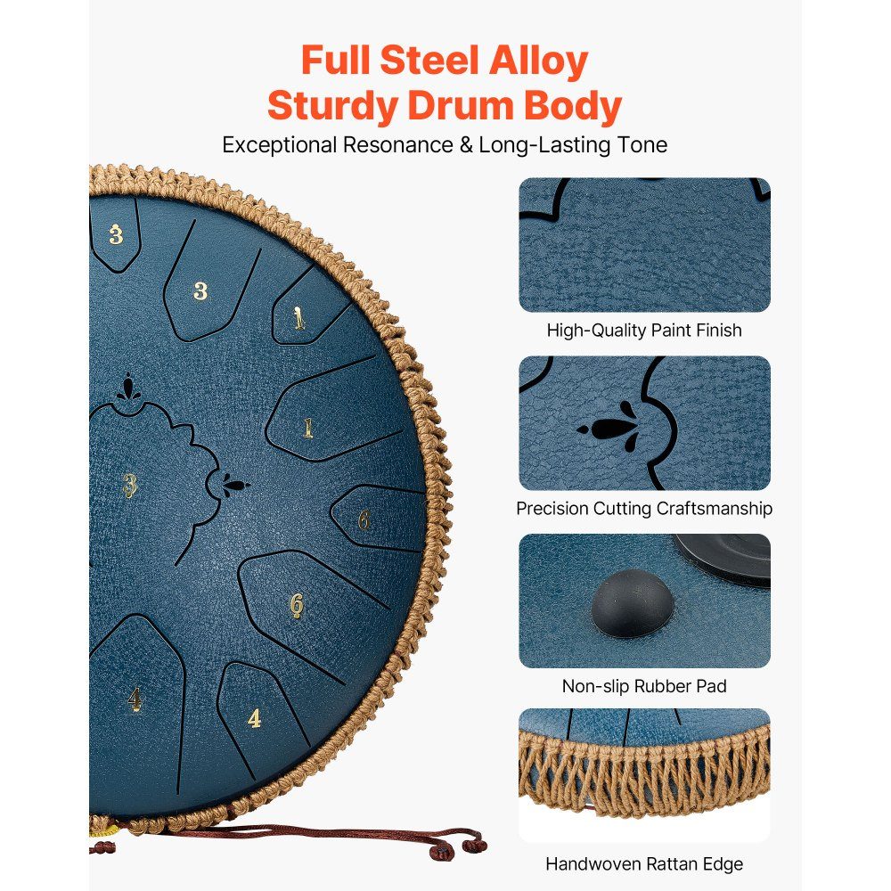 Tongdrum, 13" 15 noten regentrommel, C Major muziekdrums met muziekboek en hamers, stalen tongtrommel voor meditatie, yoga, muzikale training voor beginners, marineblauw