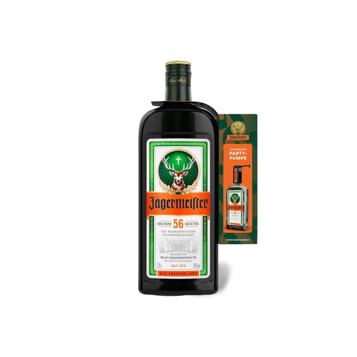Jägermeister herbal liqueur 1.75 l bottle with party pump 35% vol – Part No. HT-19638