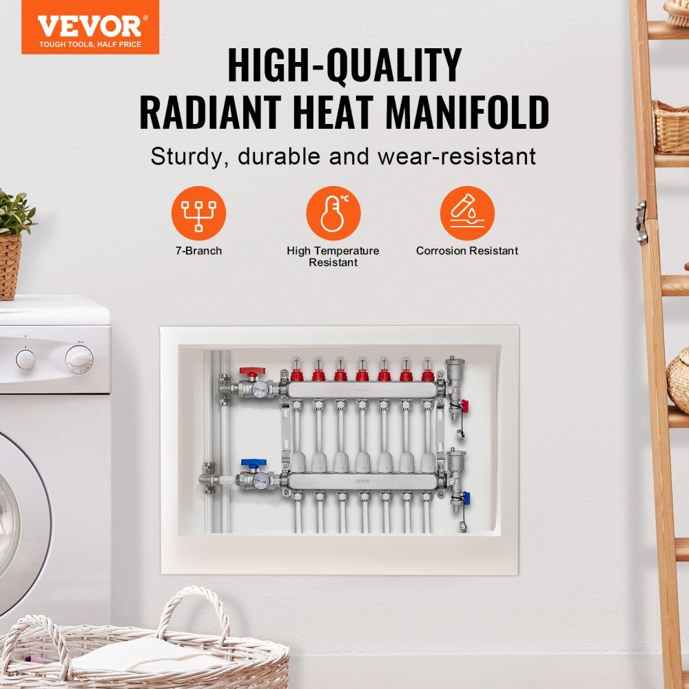 7 Branch Heat Distribution Manifold, 1/2" PEX Pipe Manifold, Stainless Steel PEX Manifold for Hydronic Underfloor Heating, Heat Distribution PEX Manifold Kit with 1/2" Adapters Included