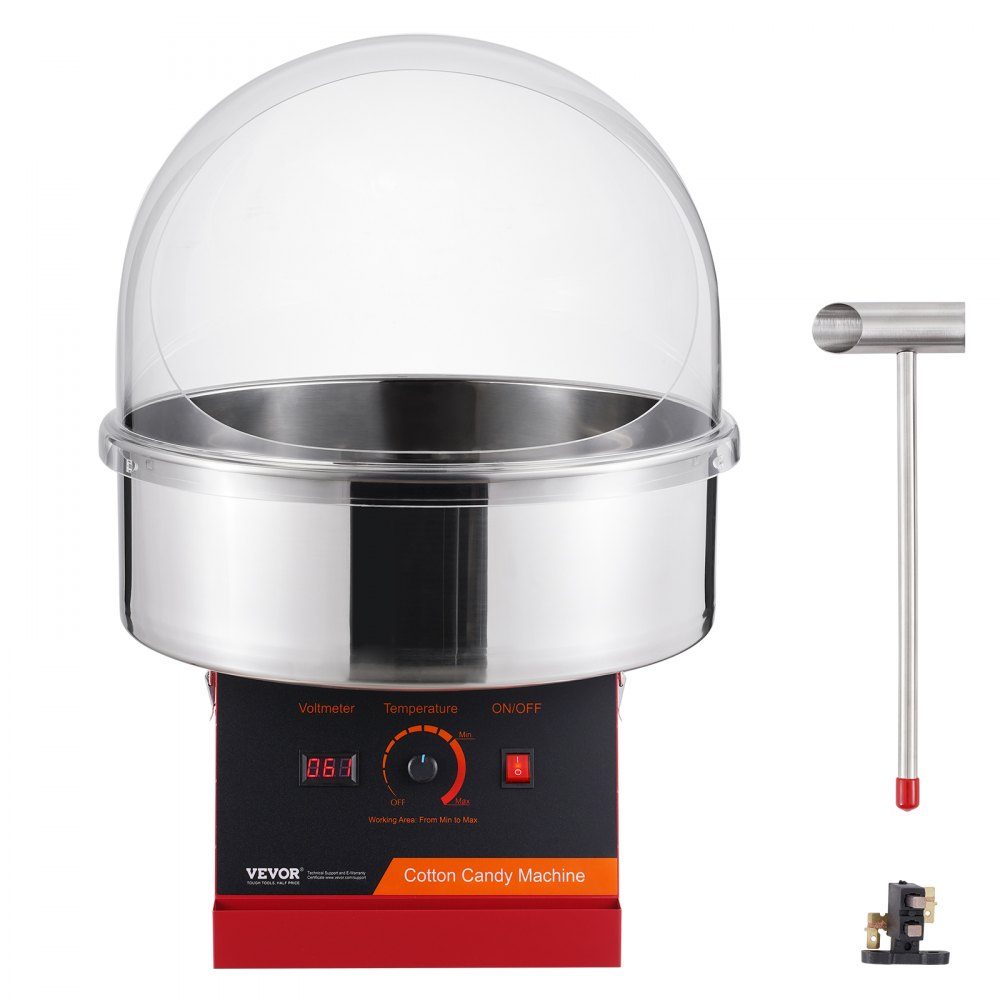 Elektrische suikerspinmachine, 1KW suikerspinmachine, commerciële suikerspinmachine met deksel, roestvrijstalen kom en suikerlepel, voor kinderverjaardagsfeestjes thuis, familiereünies (rood)