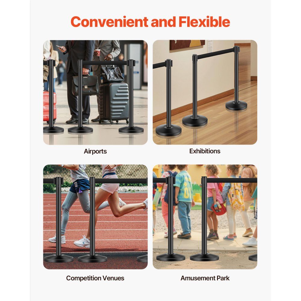 Crowd Control Barrier Posts (Pack of 4) with 4 Retractable Straps, Carbon Steel Barrier Posts with Hollow Base for Weddings, Exhibitions, Black