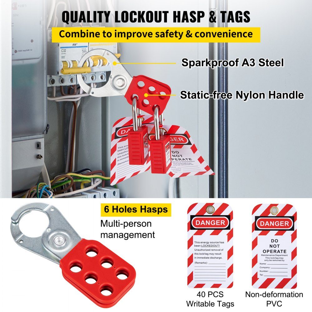 Lockout Tagout Kit 58-delig stroomonderbrekerslot Hasp Tag en veiligheidshangslot opbergtas voor slot- en tagproducten en elektrische veiligheidsapparatuur