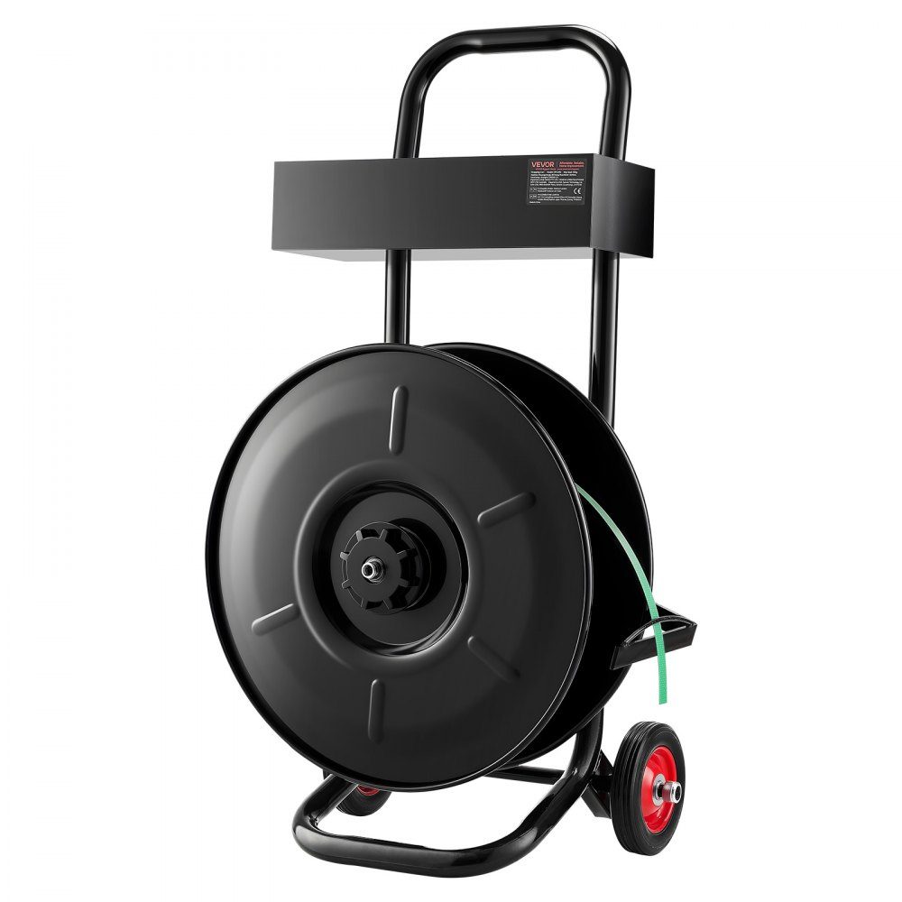 Dispenser, suitable for PET/PP/polyester strapping rolls with 203 mm core size, strapping dispenser with improved braking system, integrated spacious storage space for tools