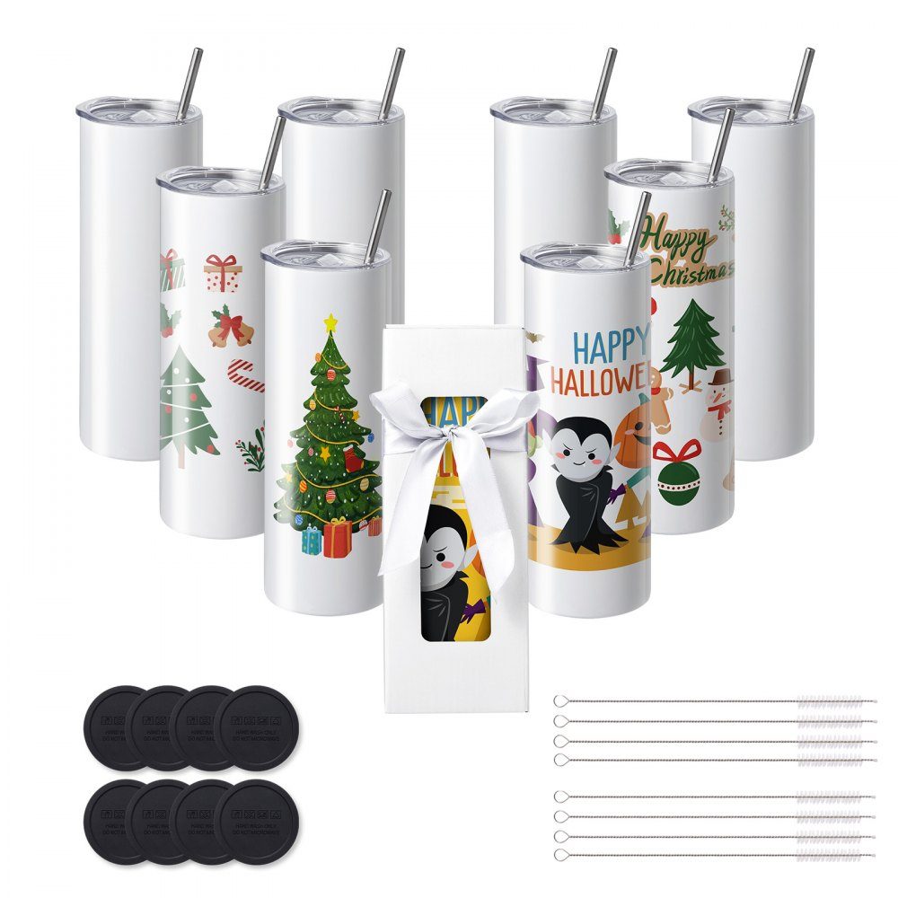 8-pack rechte sublimatiebekers, 20oz blanco bekers, dubbelwandige roestvrijstalen bekers met rietje, deksel, borstel, bodem, krimpfolie, geschenkdoos, voor hittepers en warmteoverdracht