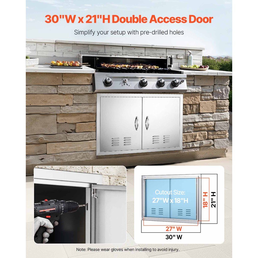 Grill Access Door 762x533mm Double Outdoor Kitchen Door Flush Mount Stainless Steel Door Vertical Wall Door with Handles and Vents for Grill Island Grill Station Outdoor Cabinet