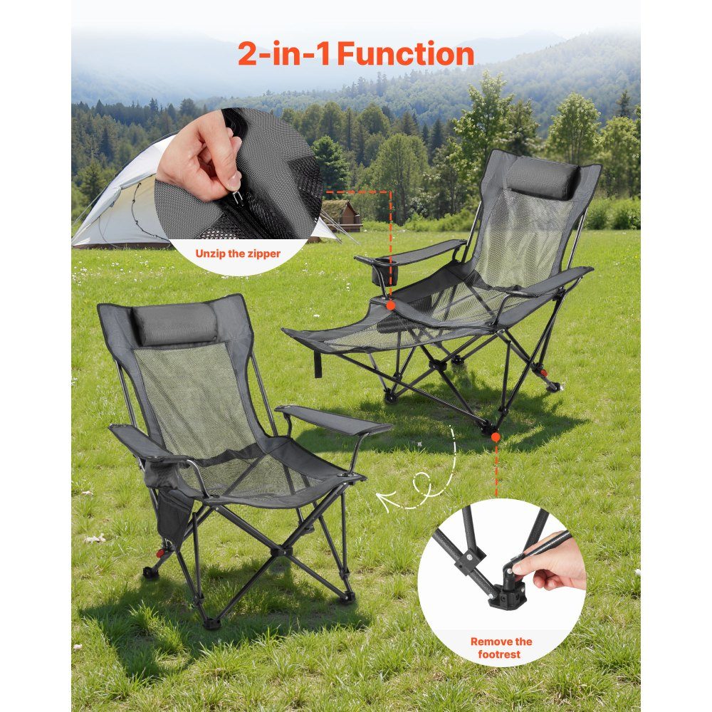 Folding Camping Chair, Deck Chair with 4 Adjustable Positions, Relaxation Chair Lounger with Cup Holder, Mesh Beach Chair with Headrest & Footrest, Load Capacity 100kg, for Outdoor Camping, Gray