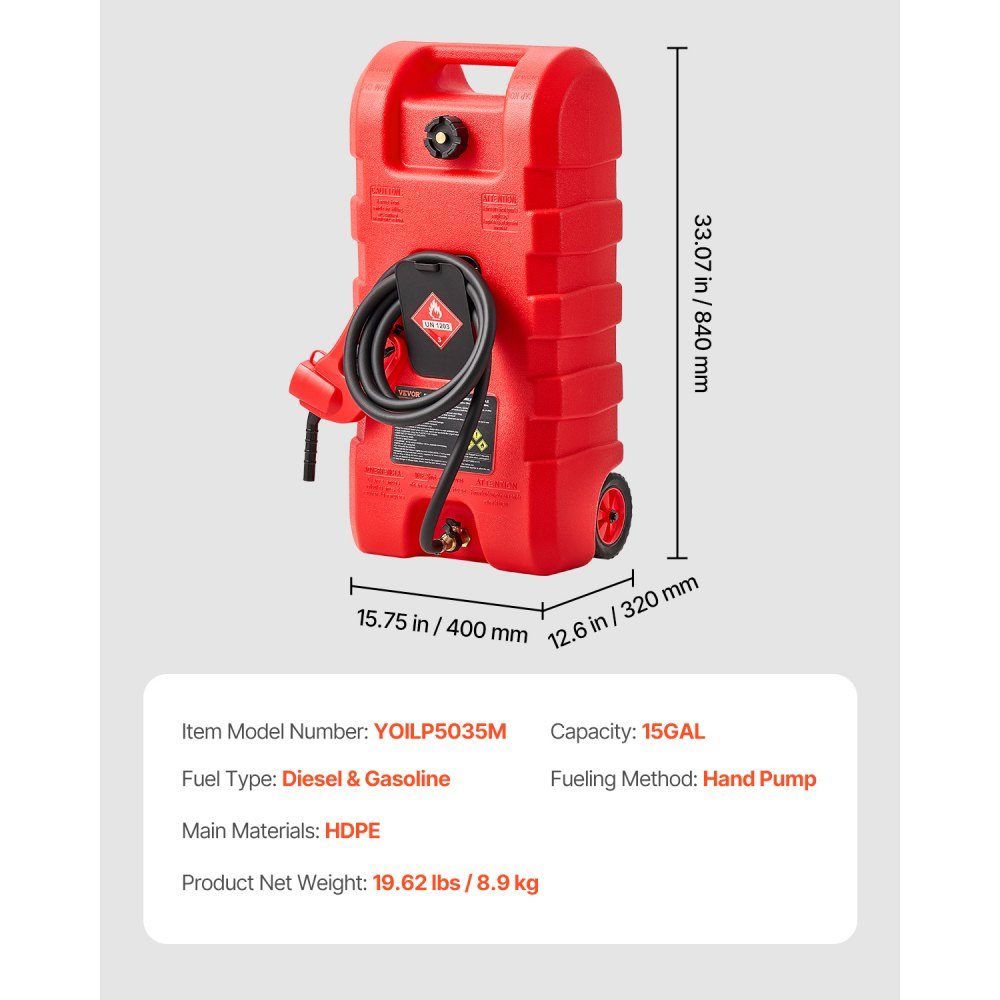 Bidon de carburant pour camion de carburant 56,78 L avec mode gravité et pompe manuelle, bidon d'essence, tuyau de livraison de 3 m et pompe manuelle, réservoir d'essence pour bateaux à moteur, VTT, essence et diesel