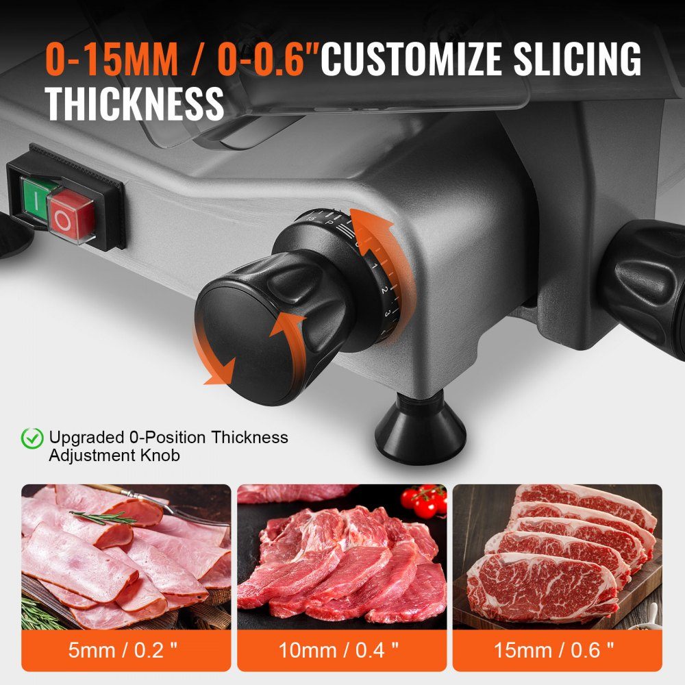 Trancheuse à viande commerciale 340 W trancheuse électrique polyvalente avec lame en acier au carbone de 10" épaisseur réglable de 0 à 15 mm pour la viande, le fromage, les légumes, etc.