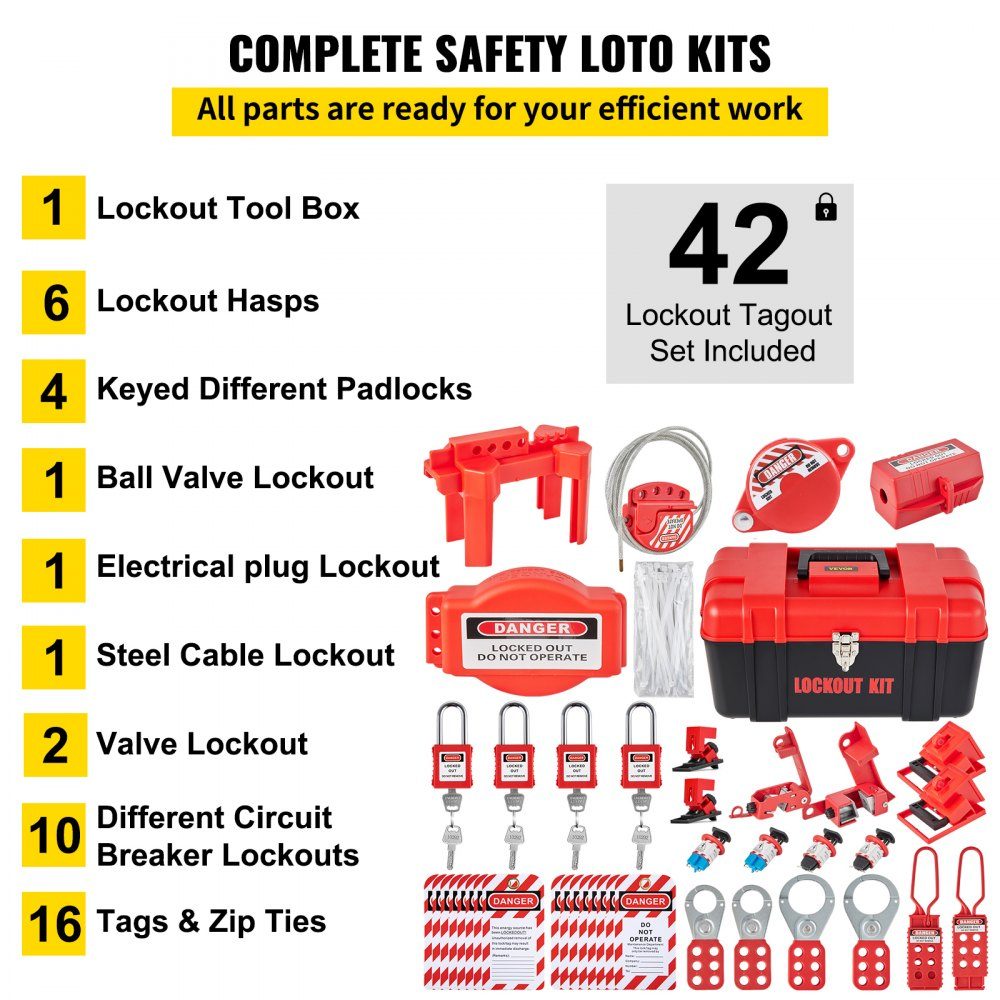 Kits de verrouillage de 42 pièces, kit Loto de sécurité électrique, comprend des cadenas, 5 types de verrouillage, des moraillons, des étiquettes et des attaches de câble, une boîte, des outils de sécurité de verrouillage pour éliminer les risques électri