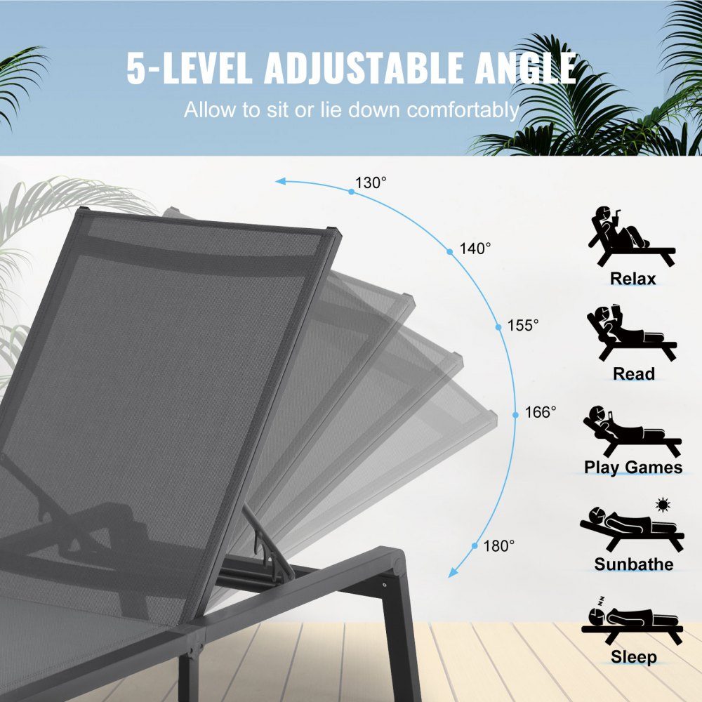 Outdoor Chaise Lounge Chairs, Aluminum Patio Lounger Chairs with 5 Adjustable Positions, Folding Pool Lounger Chairs, Deck Chairs and Totally Flat Sun Chairs for Patio Beach Pool, Dark Gray, 2 Pack