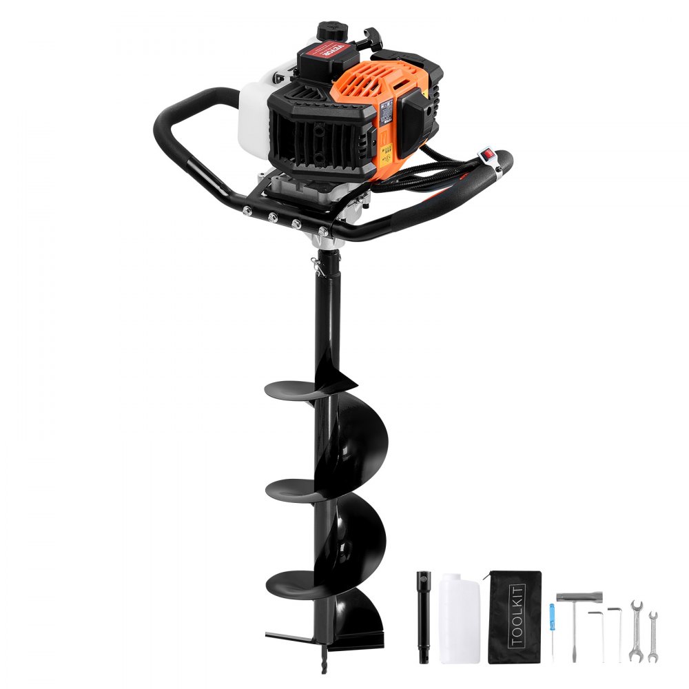 Tarière à moteur à essence 52 CC 1450 W avec embouts de 20,3 cm et 1 barre d'extension, perceuse de trou de clôture pour plantes de jardin, terres agricoles, orange + noir Tarière à moteur à essence 52 CC 1450 W avec embouts de 20,3 cm et 1 barre d'extension, perceuse de trou de clôture pour plantes de jardin, terres agricoles, orange + noir