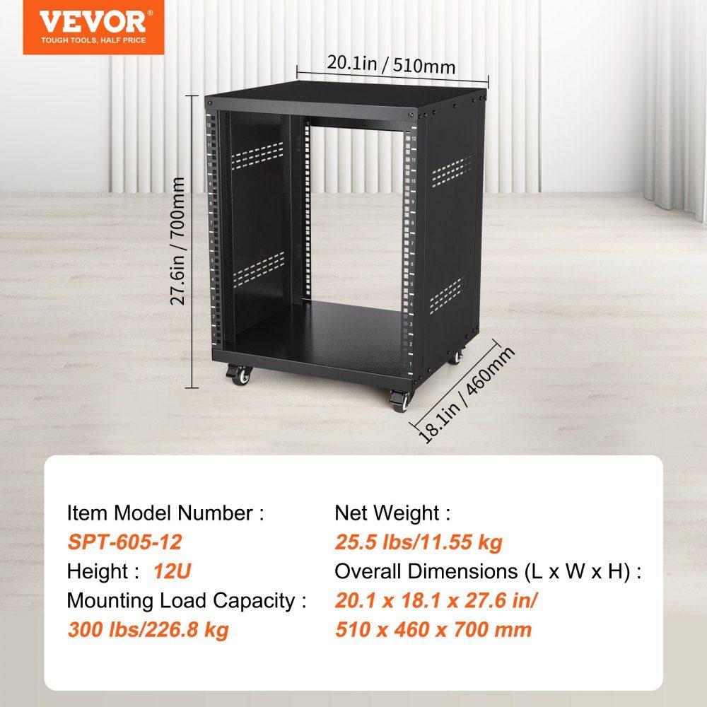 12U AV-Rack-Ständer, 500 Pfund Kapazität, Netzwerk-Stereo-Aufnahmestudio-Rack mit feststellbaren Lenkrollen, runden und quadratischen Löchern, speziellen Lüftungsschlitzen für die Montage von 19-Zoll-Audio-, Video-, Musik- und IT-Geräten