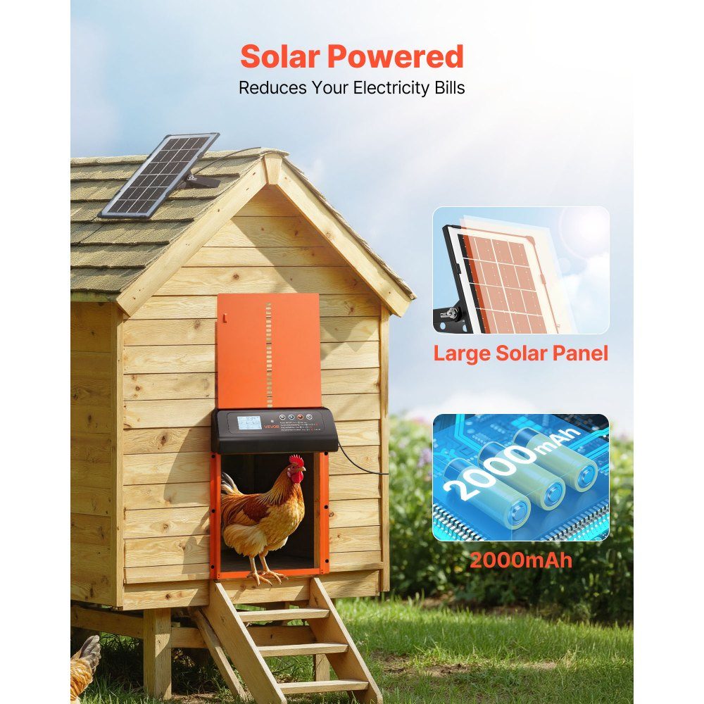 Chicken Flap, Solar and Battery Powered Chicken Door with LCD Display, Remote Control, Light Sensor and Timer, Anti-Pinch, Aluminum Alloy Chicken Coop Door, 350 x 250 x 73mm, Orange