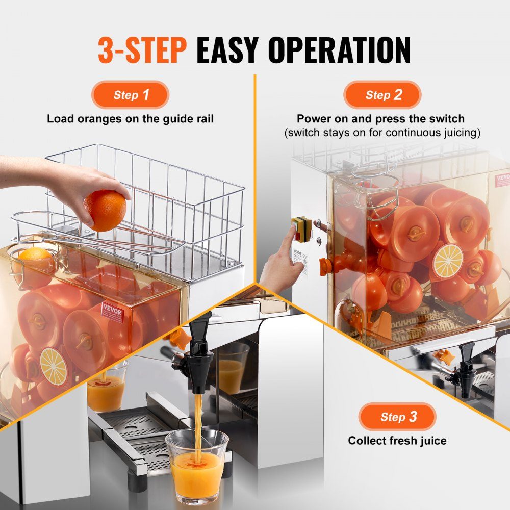 Kommerzielle Orangenpresse, halbautomatische 120-W-Entsafter, Edelstahl-Orangenpresse für 20 Orangen pro Minute, mit Wasserhahn und PC-Abdeckung, kommerzielle Zitruspresse, elektrische Zitruspresse