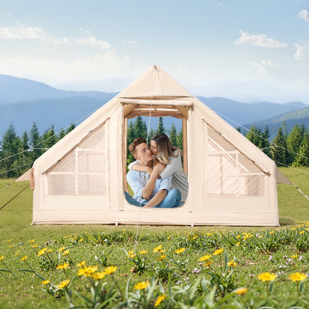 Inflatable Camping Tents 3x2x2m 3-5 Person 300D Oxford 4 Season Glamping Tent with Hand Pump, Stove Connection, 2 Doors and 2 Mesh Windows, Includes Storage Bag for Transport