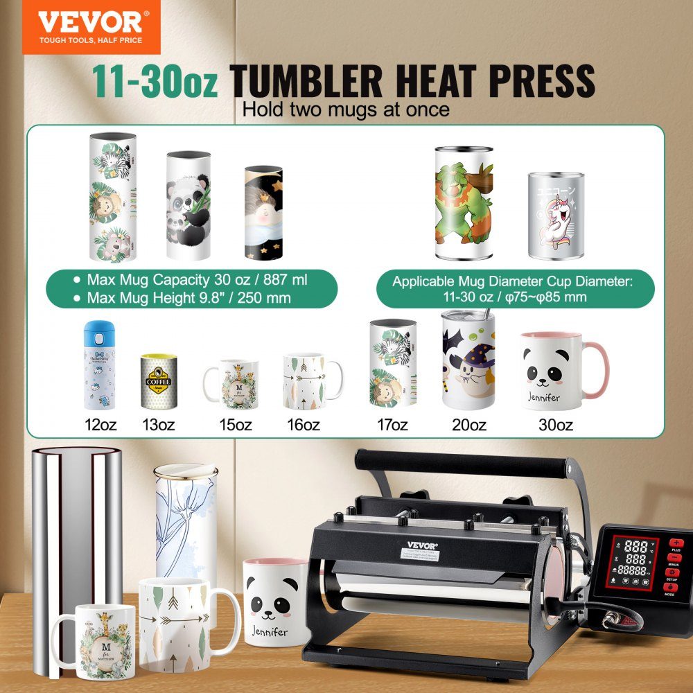 Tumbler-Wärmepresse, 11–30 oz Tassenpresse, schnelles und gleichmäßiges Erhitzen, Tumbler-Presse mit Sublimationspapier, Klebeband und Handschuhen, Temperatur- und Zeiteinstellung, für Sublimationsbecher, Tassen, Becher, Schwarz
