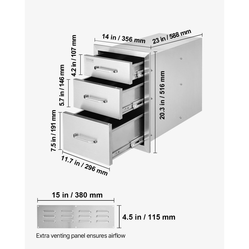 Tiroirs de cuisine d'extérieur, tiroirs de gril encastrés à triple accès en acier inoxydable avec poignée, tiroirs d'îlot de gril pour cuisines extérieures ou stations de gril de terrasse 356 x 516 x 588 mm