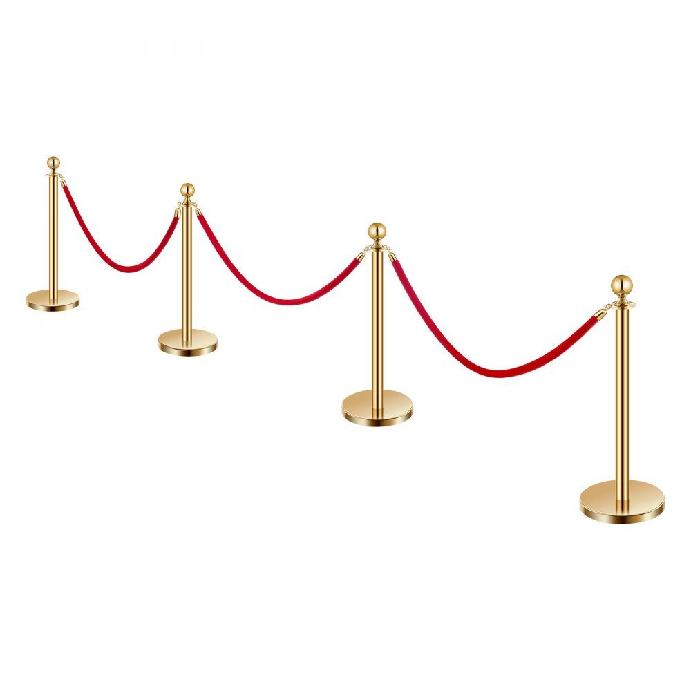 Afzetpalen (4 stuks) voor crowd control met 3 rood fluwelen touwen (1,5 m lang), RVS slagboomstandaard met hervulbare voet voor tentoonstellingen Golden