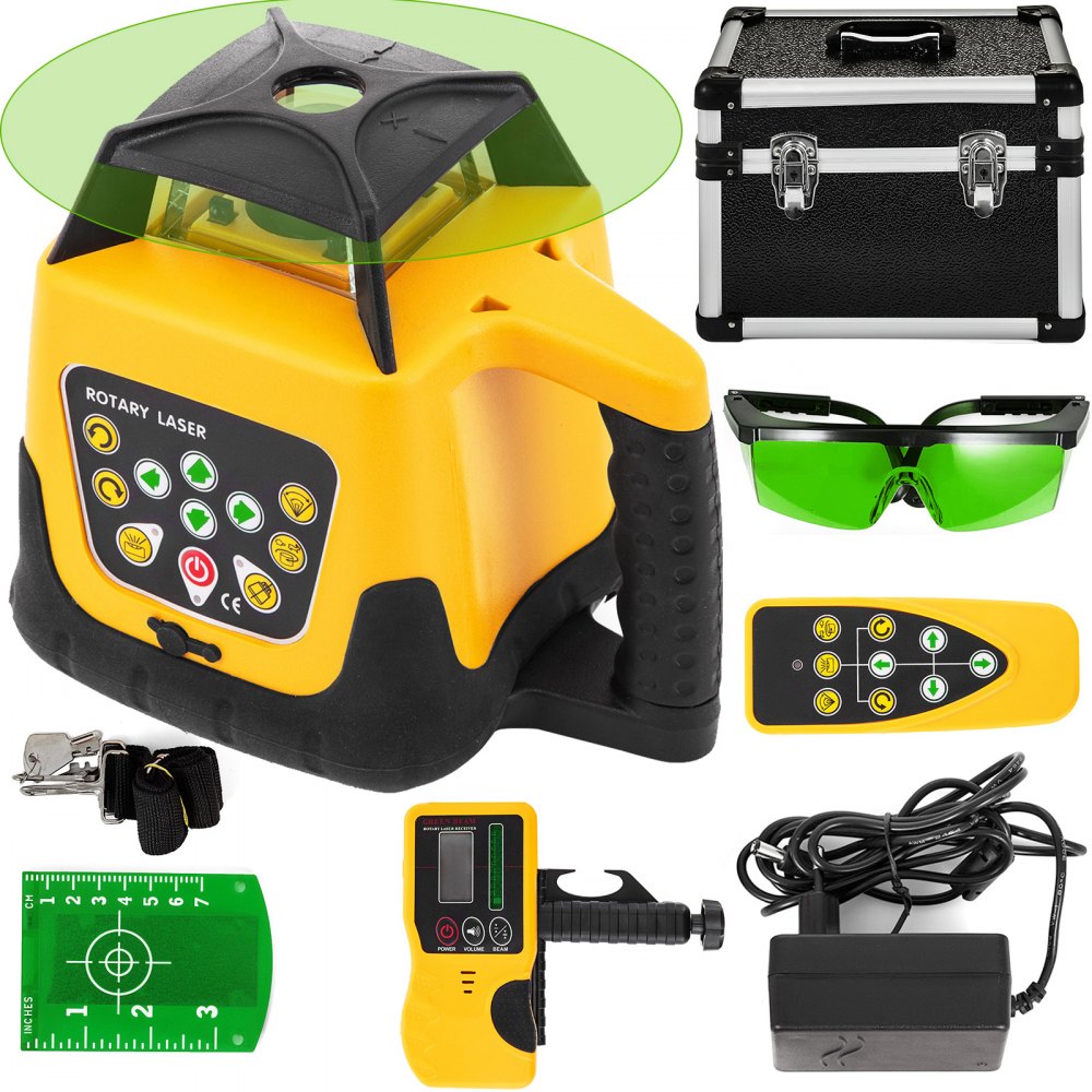 Laser rotatif professionnel, lumière verte, max. portée de travail 500 m, laser rotatif 360° étanche à l'eau et à la poussière Utilisation en extérieur Temps de travail 20 heures dans une mallette d'artisan 2 kg Télécommande avec accessoires