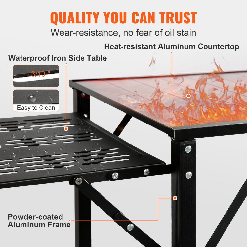 Camping-Küchentisch aus Aluminium, faltbar, tragbare Outdoor-Kochstation mit 4 Eisenseiten, 2 Ablagen und Tragetasche, schnelle Installation für Picknick, Grillen, Strand, Reisen usw