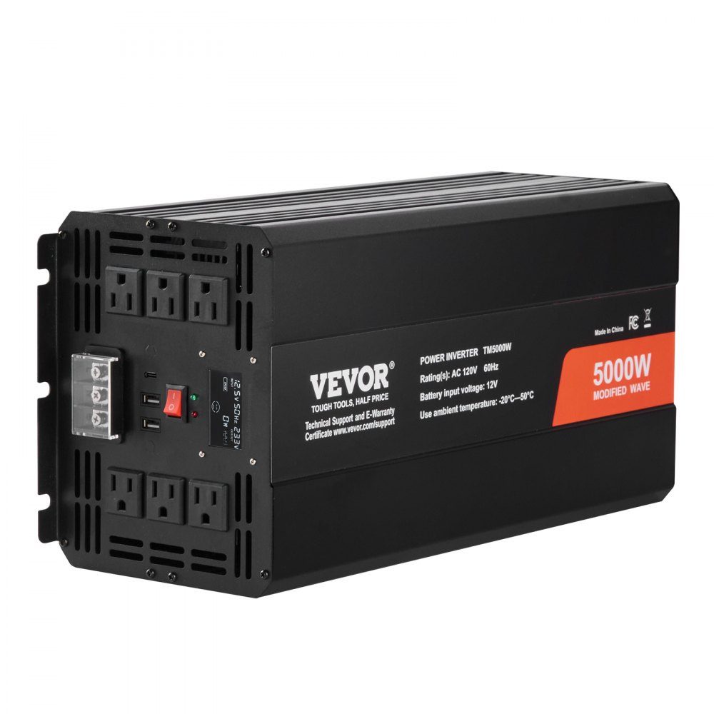 Falownik sinusoidalny 5000W Falownik DC 12V na AC 230V z 2 gniazdami AC, 2 portami USB, 1 portem typu C, wyświetlaczem LCD i pilotem do ciężkich urządzeń gospodarstwa domowego
